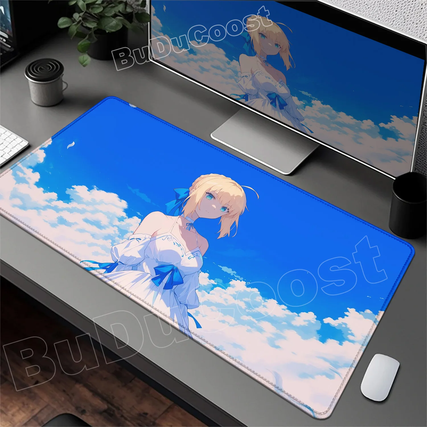 Many Pretty Fate Sabre Anime-Mauspad, 700 x 400 mm, rutschfeste Gummi-Schreibtischunterlage, Kawaii-Mädchen-Mauspad, Gaming-Tastaturmatte, XXL-Mauspad