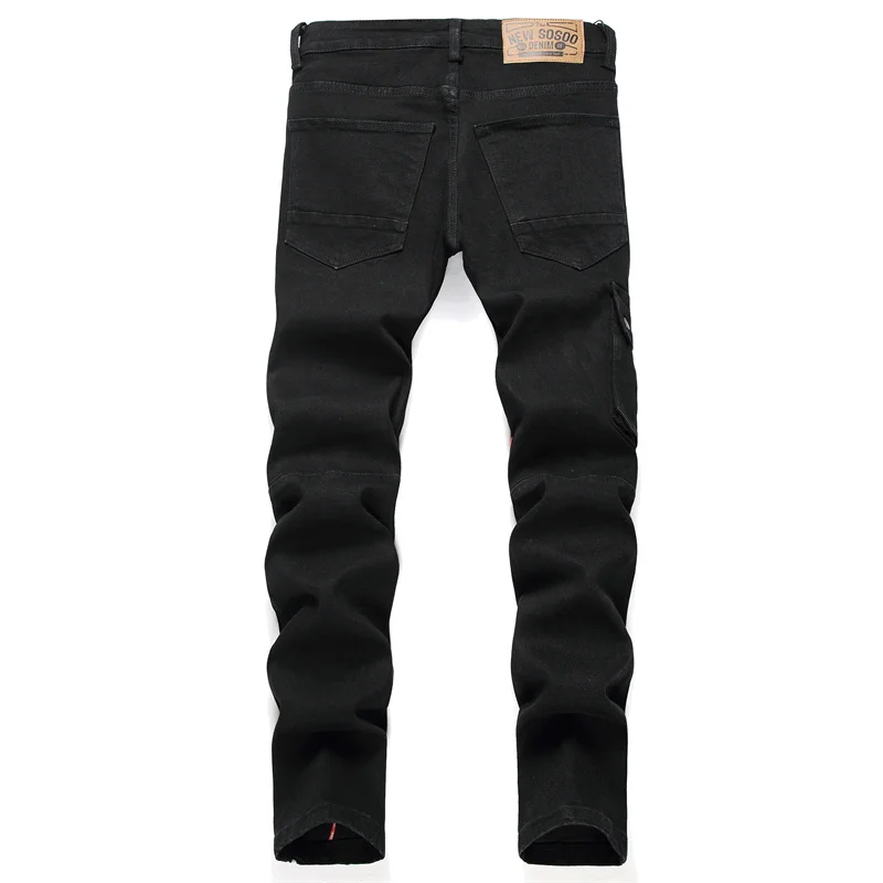 Black Personalized Jeans Men's Street Printing Japanese Style Trendy Workwear Multi-Pocket Slim Fit Patchwork Skinny Pants