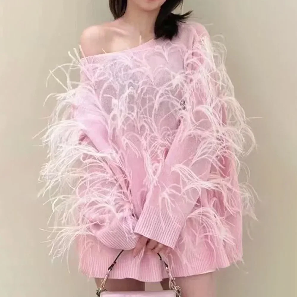 

NIGO Женская мода страусиное перо вязаный розовый свитер осенний Топ розовый перо вязаный свитер шорты Ngvp # nigo6623