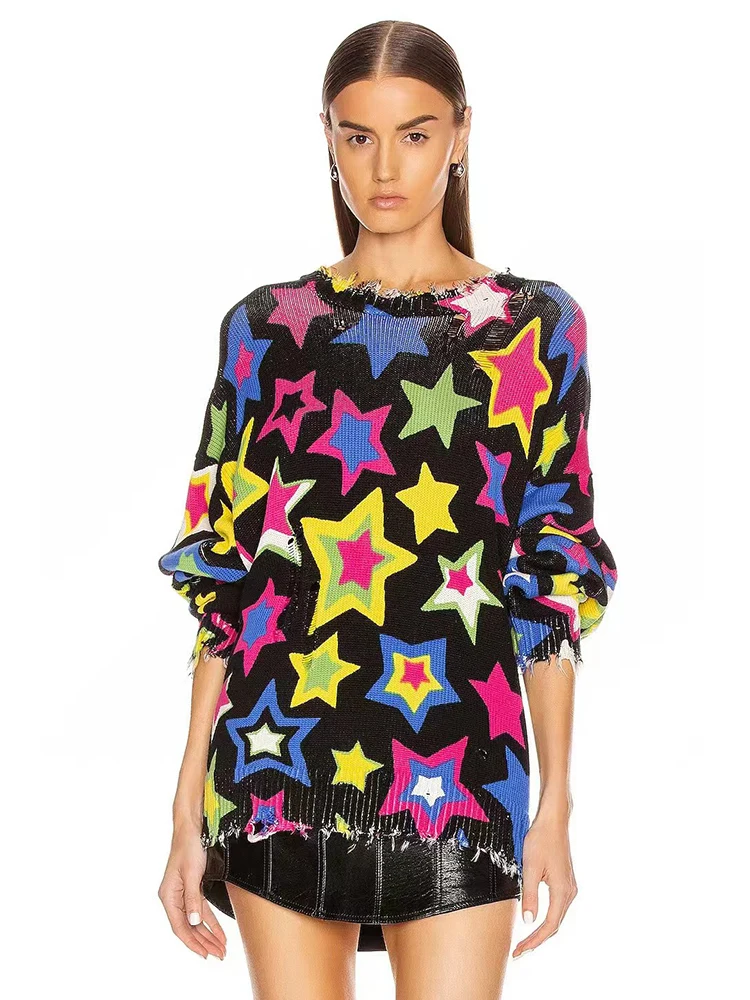 

Vintage five-pointed star printed cotton yarn hem worn sweater jumper 2024 spring women's new fashion all-match knitwear