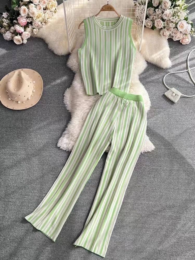 

Summer Korean Fashion Striped Two Piece Set for Women O-neck Sleeveless Camisole Tops + High Waist Pants Sets Women's Tracksuit