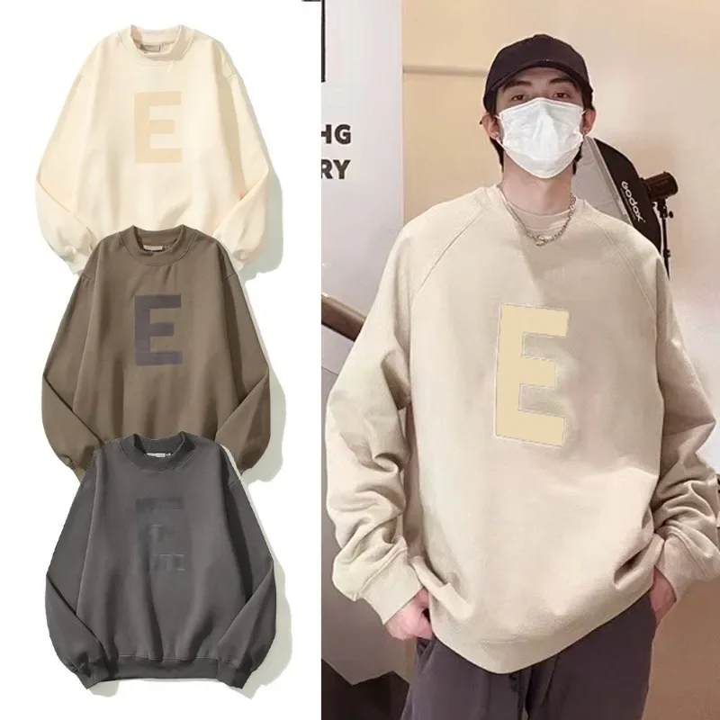 

ESSENTIALS Double Line Trend Brand Plush Printed Letter E Sweater Loose High Street Men's Round Neck Sweater Unisex Pullover