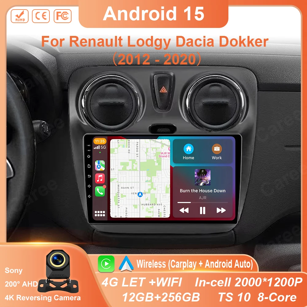 Para Renault Dokker Lodgy Dacia 2012 - 2020 Radio de coche Multimedia Android 15 reproductor Android Auto Carplay unidad principal navegación GPS 1
