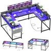 U Shaped Computer Gaming Desk, Reversible L Shaped Desk with Power Outlets, LED Strip & Monitor Stand, Large Corner Desk with S 1