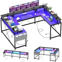 U Shaped Computer Gaming Desk, Reversible L Shaped Desk with Power Outlets, LED Strip & Monitor Stand, Large Corner Desk with S 1