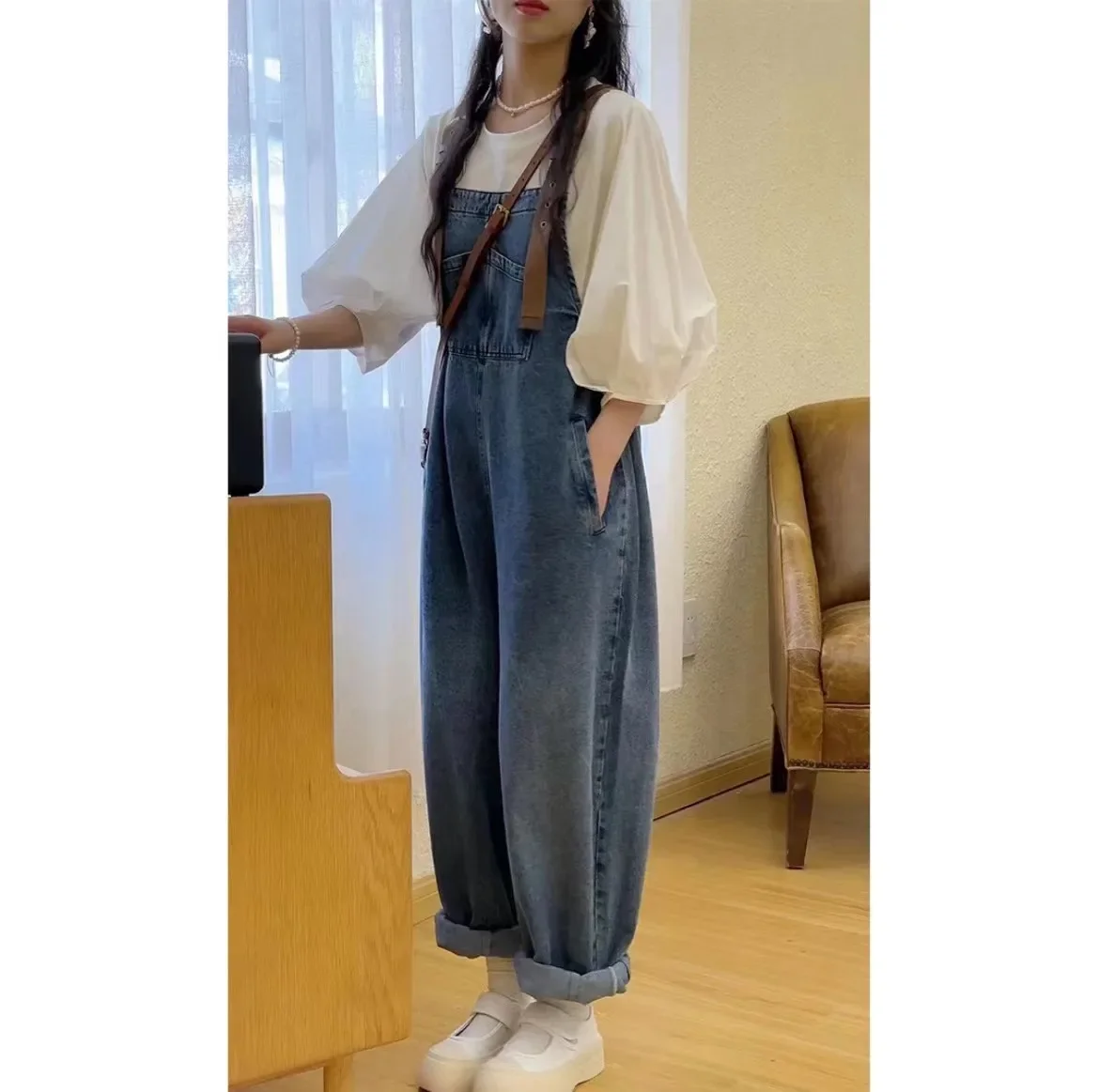 세련된 임산부 의류 세트, 슬리밍 뱃살 커버 탑 팬츠, 데님 세트, 가을 컬렉션 2 종 세트