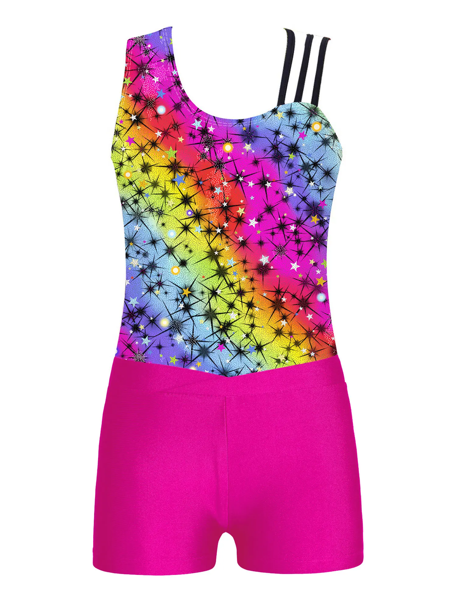 Kid Girls Stylish Asymmetric Shoulder Straps Printed Leotard with V-front Waistband Shorts for Gymnastic Dance Performance