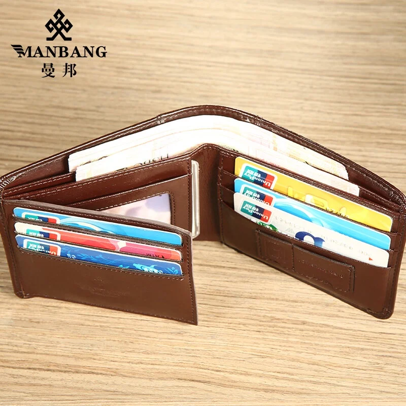 【Genuine Cowhide Leather】ManBang Brand Hot Sale Men's Wallet Luxury Original Short Tri-Fold First Layer Cowhide Purse Business 4
