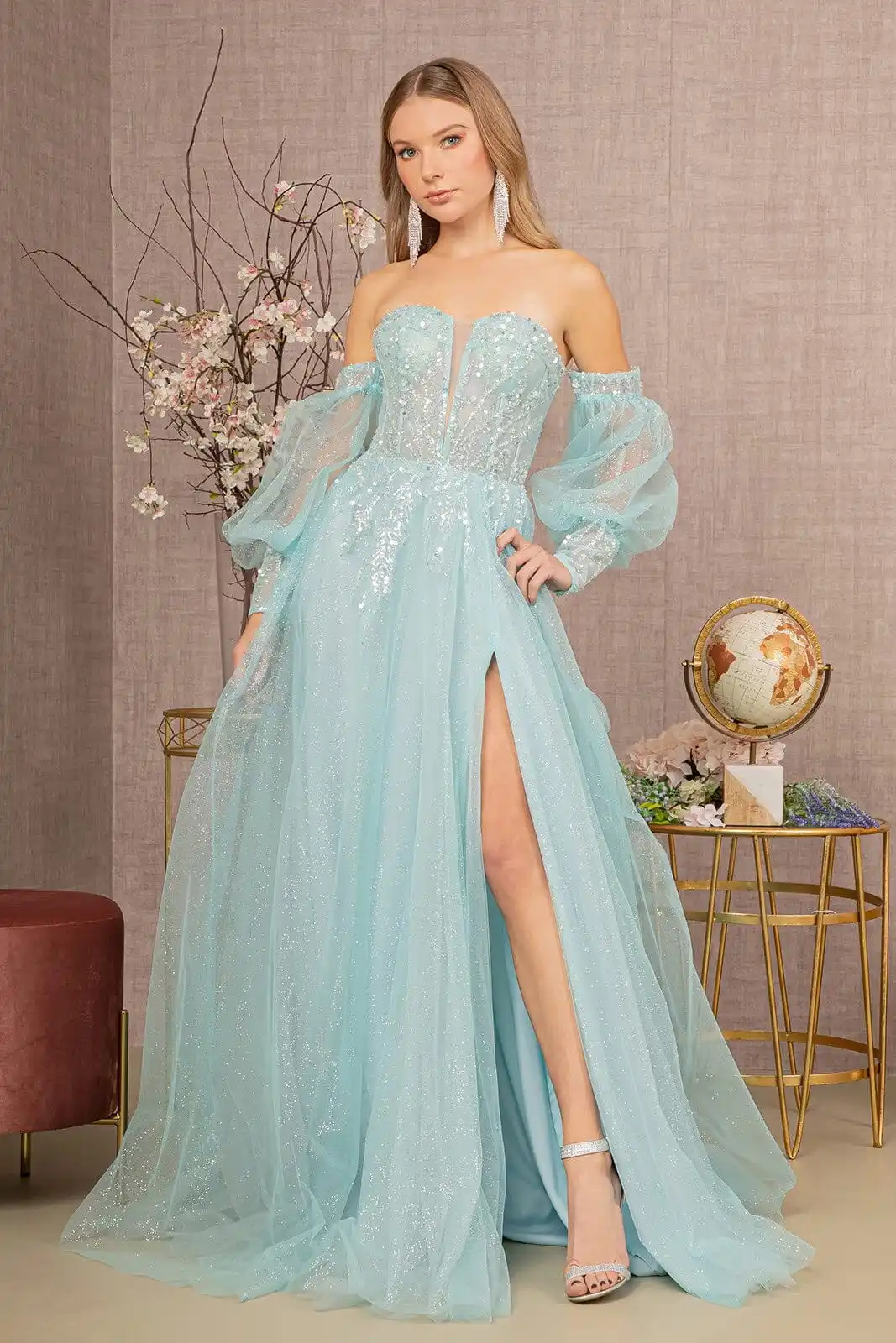 

Light Blue Evening Dresses Sweetheart Puffy Sleeve Prom Gown 2024 Tulle Glitter A-line Party Dress Sequins robes de soirée