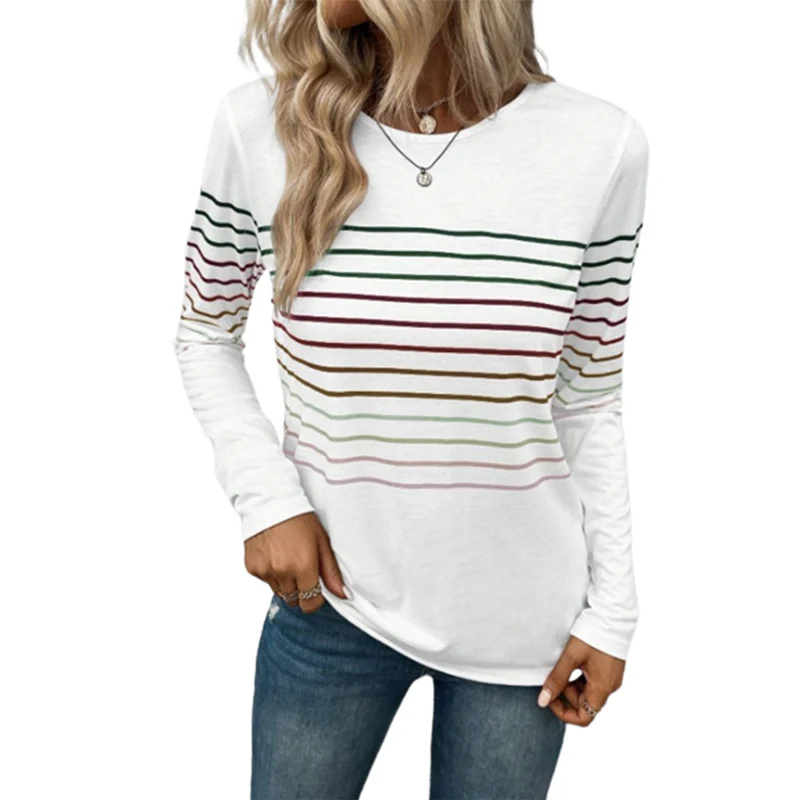 

Fashion New Colour Stripes Print T-Shirt Female Autumn Winter Crew Neck Pullover Long Sleeve Tops Women Comfortable Casual Tees