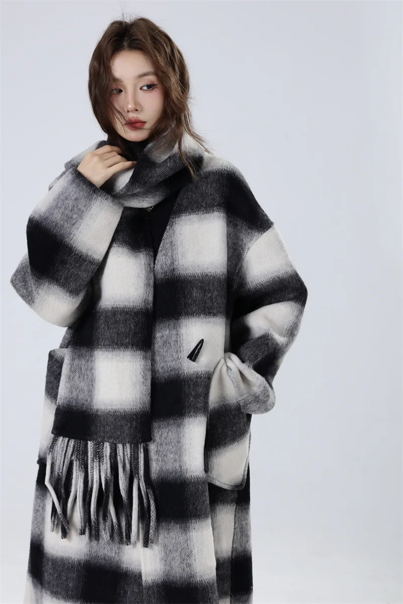 Women Autumn Checks And Plaids Coats with Scarf Fashion Winter Long Sleeve Female Cardigan Elegant Double Sided Chic Streetwear