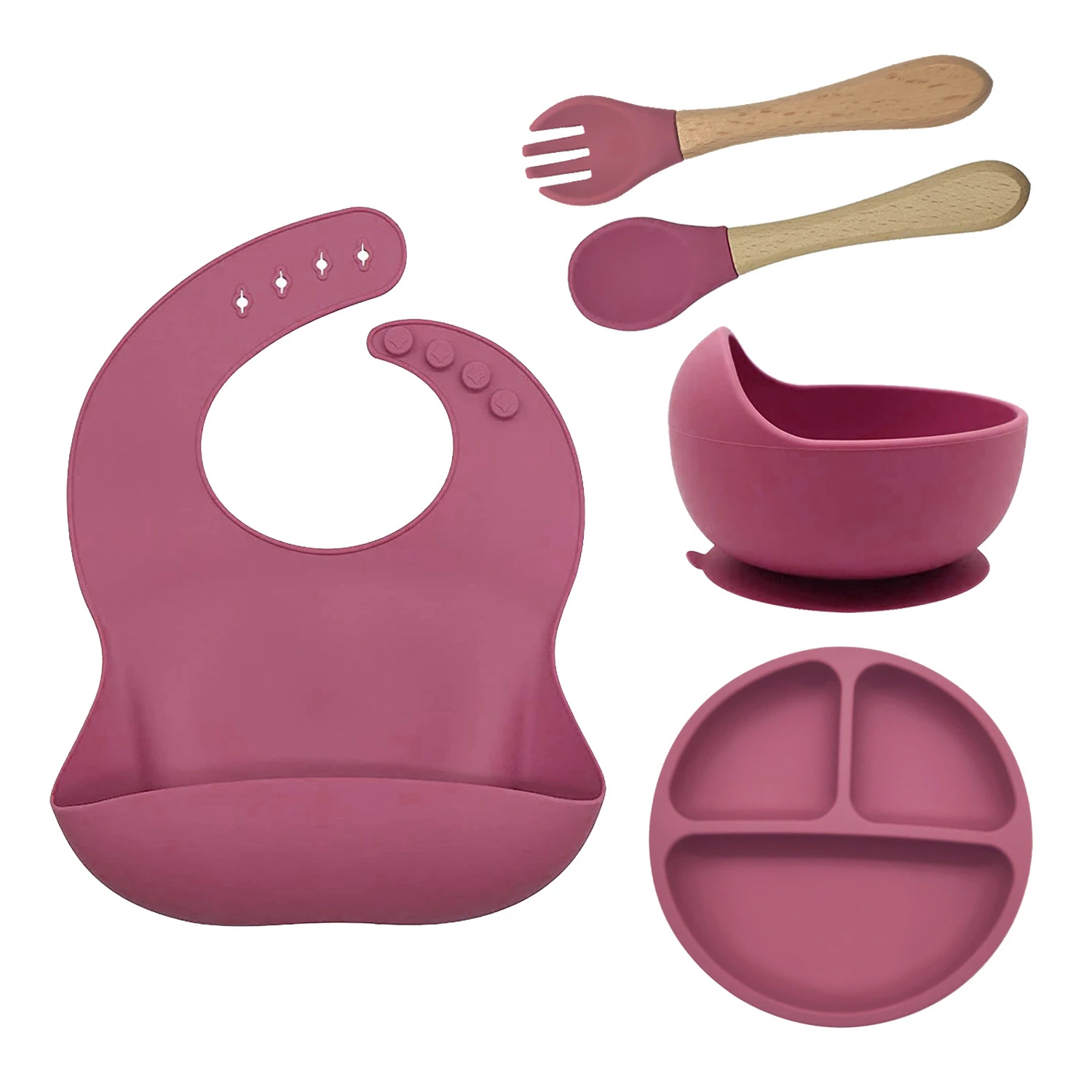 5 Pieces Baby Soft Silicone Bib Suction Cup Bowl Plate Fork Spoon Set Kids Cutlery Set Non-Slip Food Grade Silicone Kids Dishes