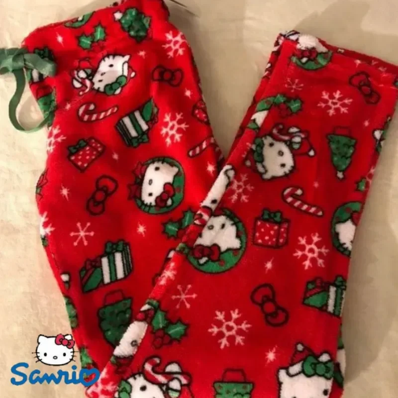 

Фланелевая пижама Hello Kitty, черные женские теплые шерстяные Мультяшные повседневные домашние брюки на осень и зиму, модные брюки на Хэллоуин