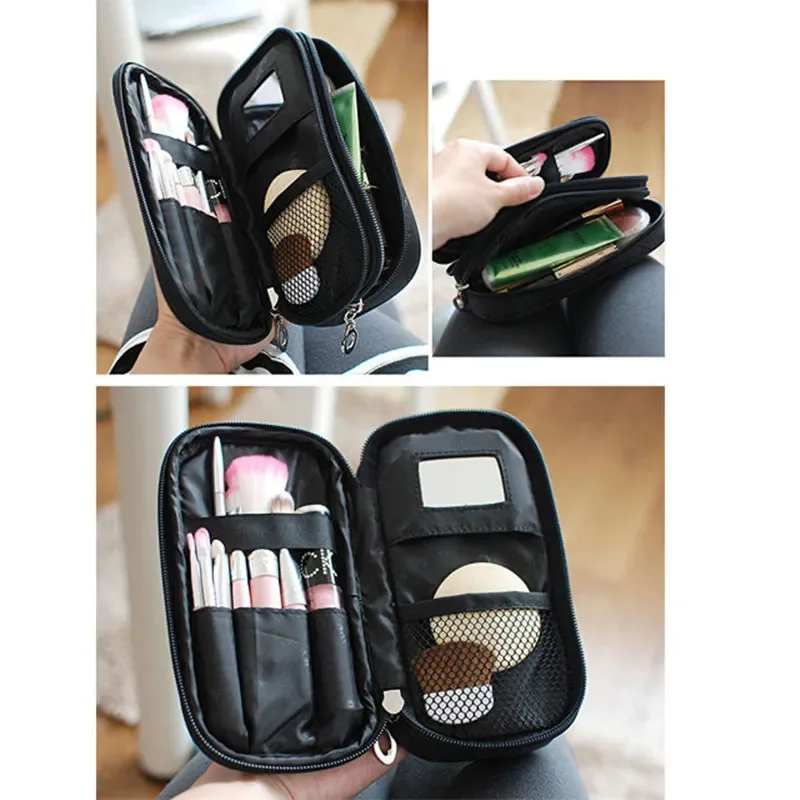 Women's Mirror Mini Cosmetic Bag Simple Waterproof Storage Box Black Double Layer Lingge Make Up Brush Beauty Organizer Supplies 5