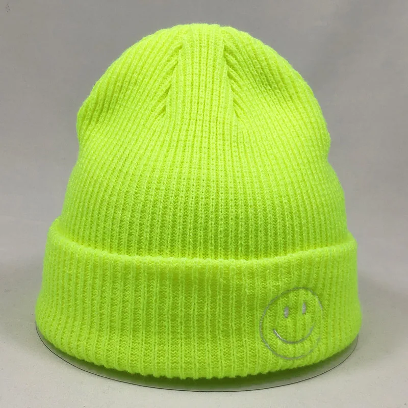 Fashion Plain Short Knitted Winter Hat for Women Smile Face Mens Beanie Neon Yellow Neon Green Purple Hot Pink 