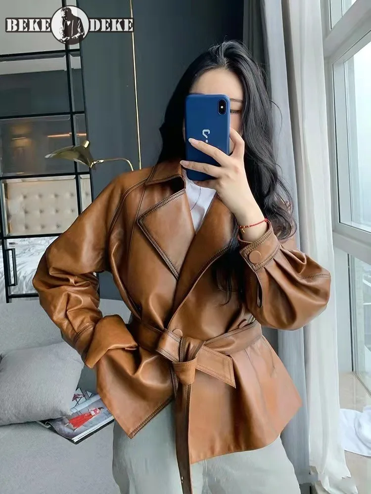 

Fashion Women Soft Natural Sheepskin Coat Office Ladies Double Breasted Belted Slim Fit Genuine Leather Jacket Autumn Outerwear