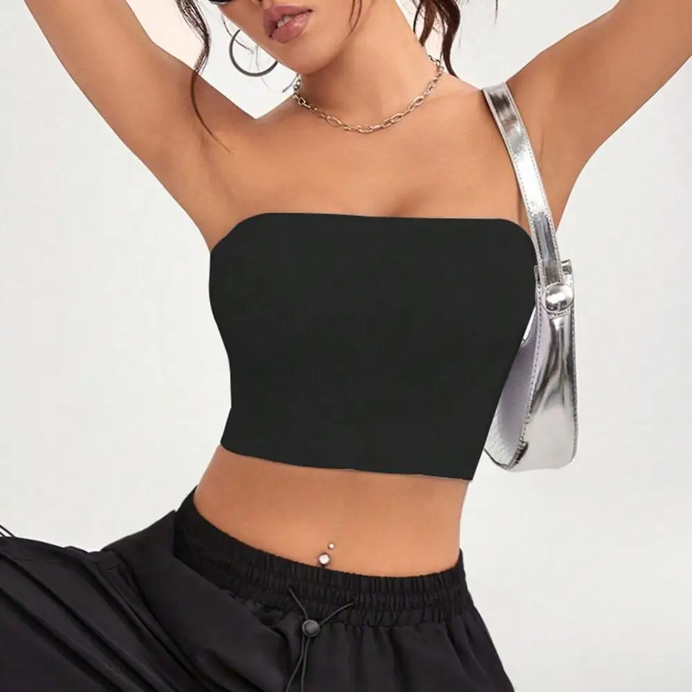 Women Ribbed Vest High Elasticity Anti-slip Bandeau Strapless Solid Color Dressy Tank Top Women Casual Strapless Tank Top