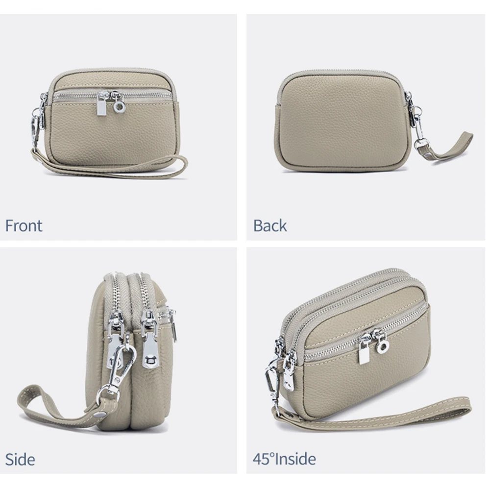 Women's Mini coin purse Leather large capacity small change pouch Double Zipper clucth wallet with Detachable Wrist