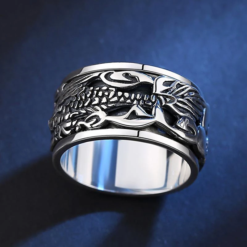 Silver Ring Silver Rings Rotating Ring Original design Thai silver carved dragon men's ring retro domineering rotatable business style light luxury jewelry