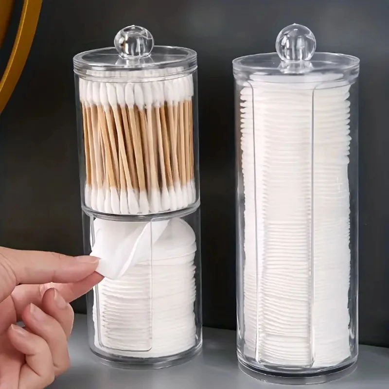 Round Acrylic Makeup Storage Box Two-In-One Transparent Cotton Swab Container with Lids Space-Saving Dispenser for Bathroom 2