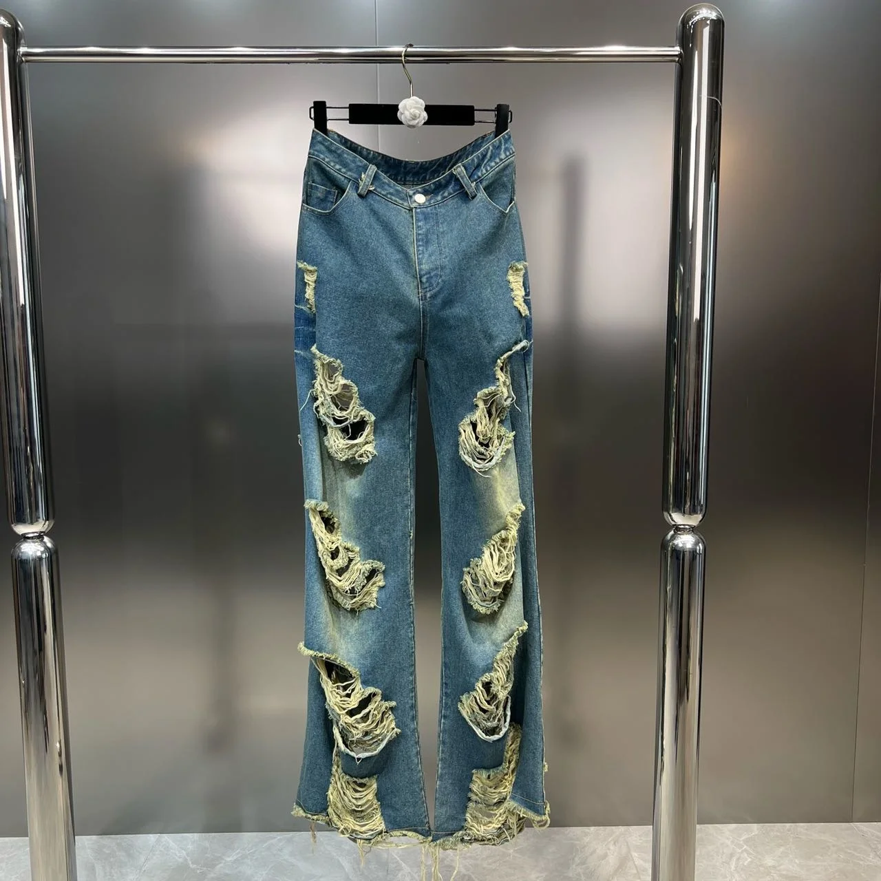 

2023 Autumn Turn Down Collar Ripped Holes Loose Denim Jacket Wide Leg Jeans Pants Two Set Tracksuits