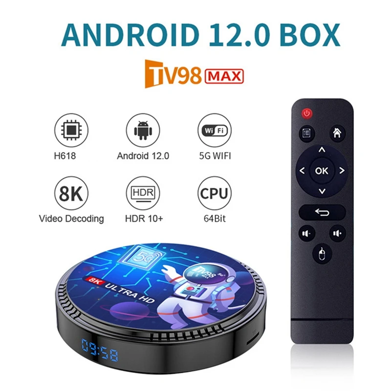

ТВ-приставка TV98MAX, 2 + 16 ГБ, Allwinner H618, Android 12, 2,4 ГГц