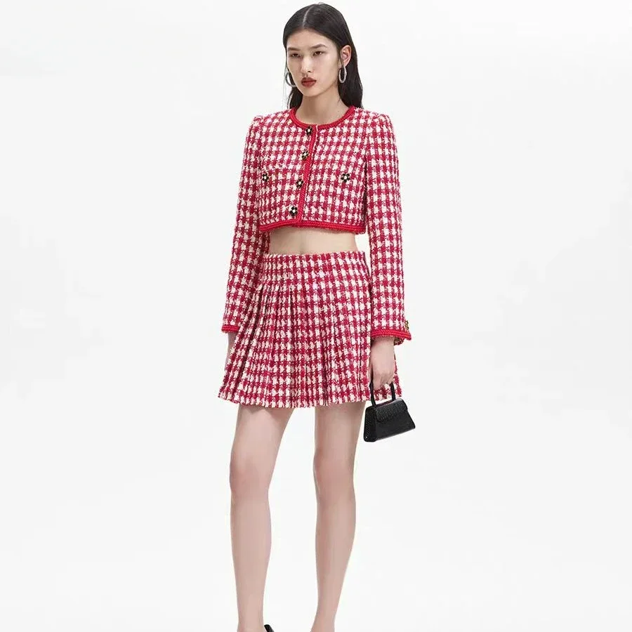 

Early Spring New Women Plaid Short Knitted Cardigan Jacket/same Style Pleated Knitted Skirt