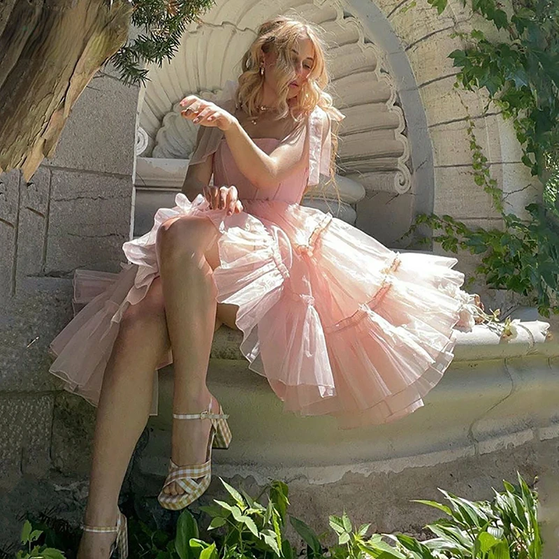 

Женское вечернее платье на тонких бретельках, розовое платье с вырезом лодочкой, оборками и открытой спиной, для выпускного вечера