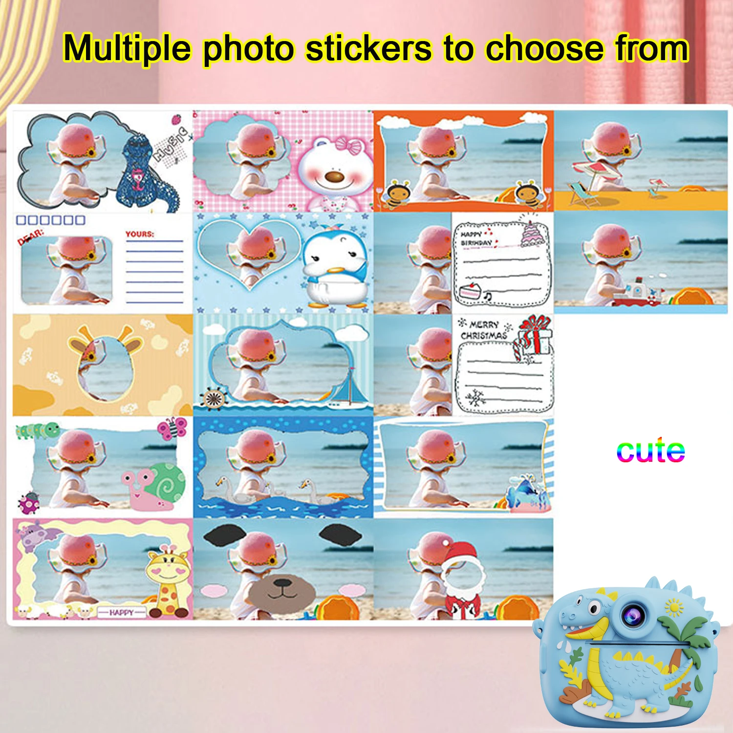 Kids Instant Print Camera1080P HD Dual Cameras Cute Little Dinosaur Shape Digital Camera Thermal Print for Boys Girls Gift