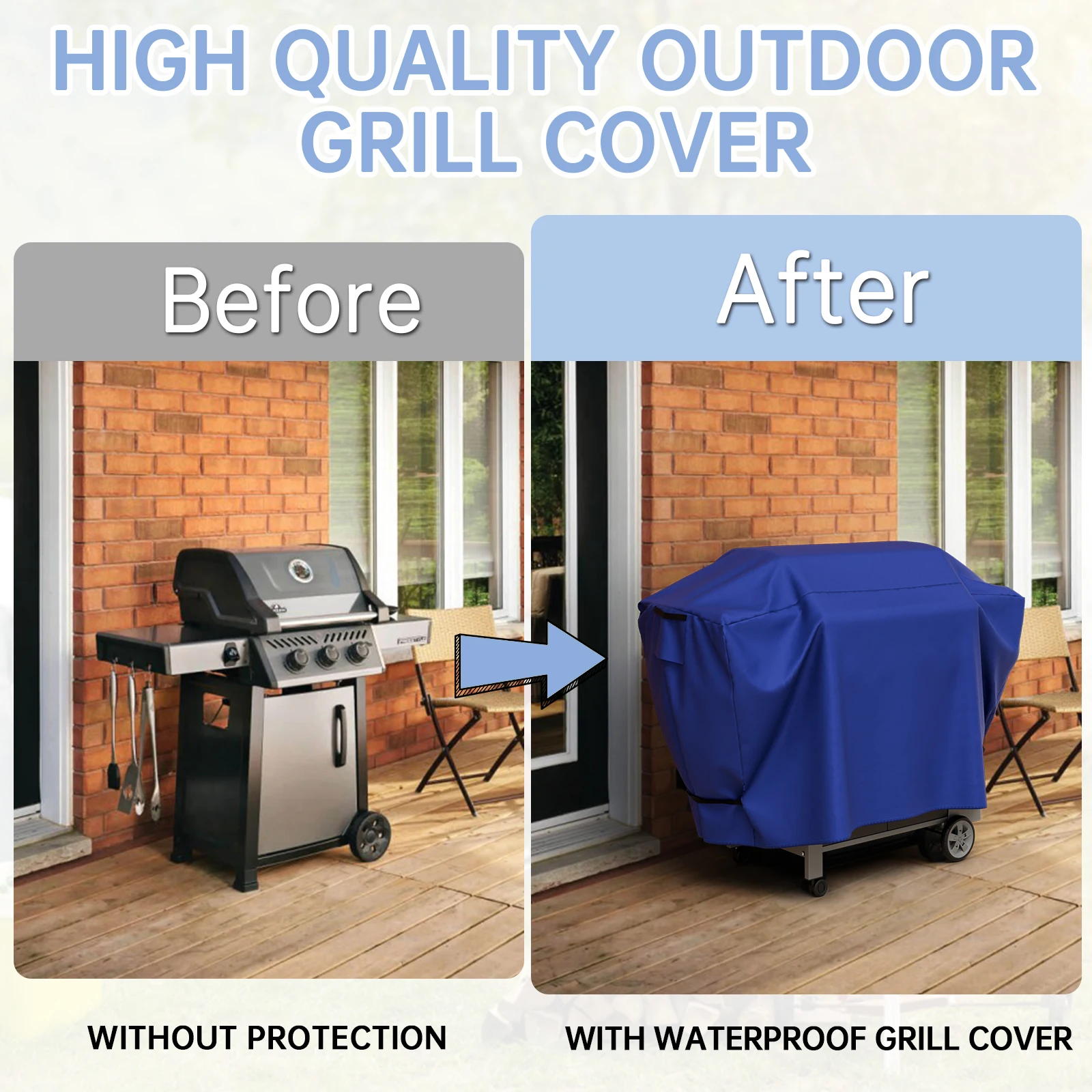 420D Outdoor Grill Cover BBQ Barbeque Cover Anti-Dust Waterproof Rip-Proof with Hook-and-Loop Straps & Adjustable Hem Drawstring
