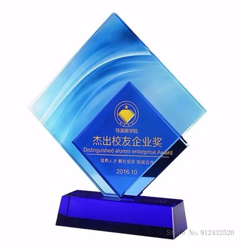 Customized Personalized Custom Geometric Shape Crystal Trophy Creative Event Souvenir Decor,Blue Transparent Honor Souvenir, 1Pc