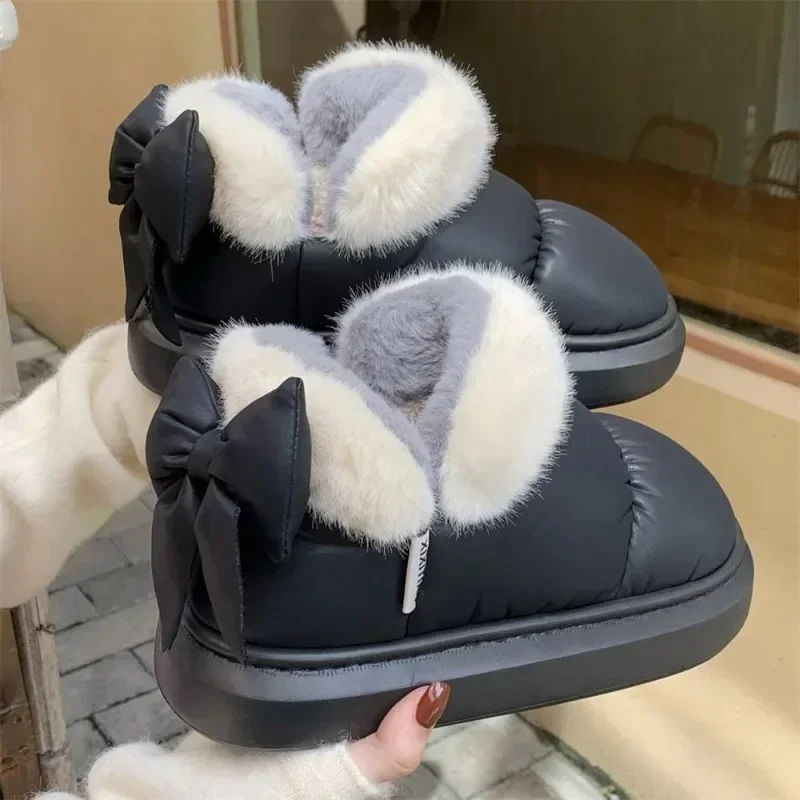 Winter short boots cute bow warm padded snow boots men and women creative new waterproof down outdoor snow season