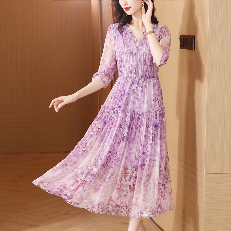 

2023 New Fashion Silk Printed Dress Autumn Elegant Fragmented Flower Dress Women's Purple Loose Fit Casual Dress Vestidos