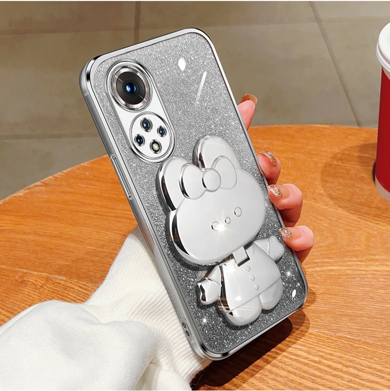 Honor50 Glitter Rabbit Makeup Mirror Holder Case On For Huawei Honor 60 50 90 30 20 Lite 30s Soft Cover Nova 10 11 Pro_voghion.com