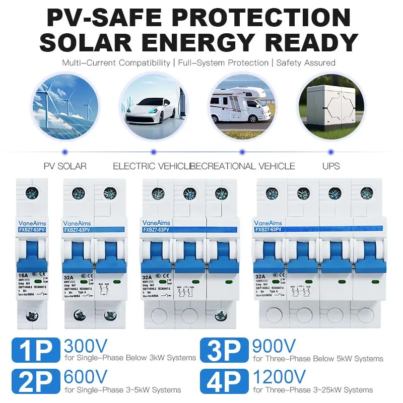 DC 600V DC1200V Solar Mini Circuit Breaker 1P 2P 3P 4P Din Rail Overload Protection Switch 6A~63A MCB for Photovoltaic PV System