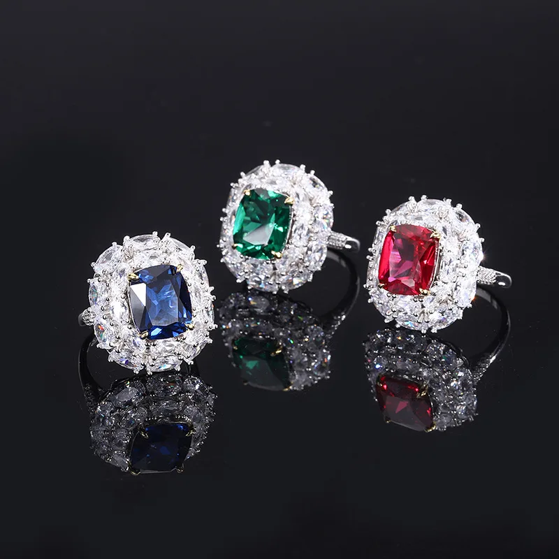 

2024 New Luxurious Retro 100% S925 Sterling Silver Emerald Sapphire Ruby Gemstone High Carbon Diamond Ring Women Jewelry 10*12mm