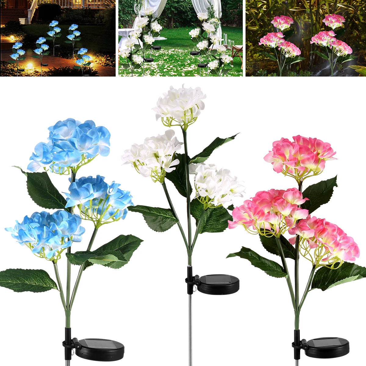 

Solar Hydrangea Stake Light 600mAh IP44 Waterproof LED Solar Powered Flower In-Ground Light with 3 Heads Auto On/Off Landscape