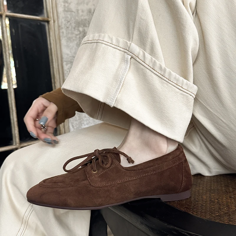 Women Pumps Low Heels Round Toe Lace Up Sheep Suede Quality Shoes Woman Retro Lace-Up Office Lady Working Spring Summer 2025 New 6