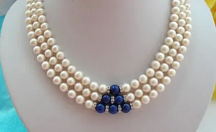 

free shipping stunning 3rows 7-8mm round white freshwater pearls blue lapis lazuli necklace