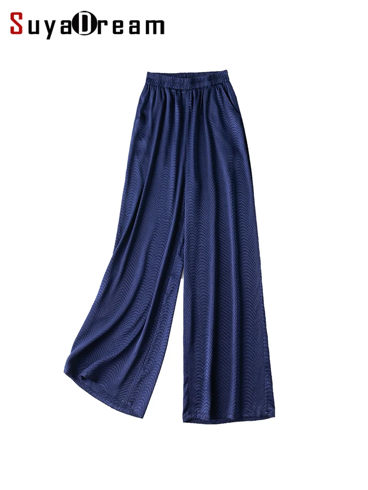 

SuyaDream Woman Straight Pants 21mm 93%Silk 7%Spandex Elastic Waist Office Lady Chic Trousers 2022 Spring Summer Bottoms Navy