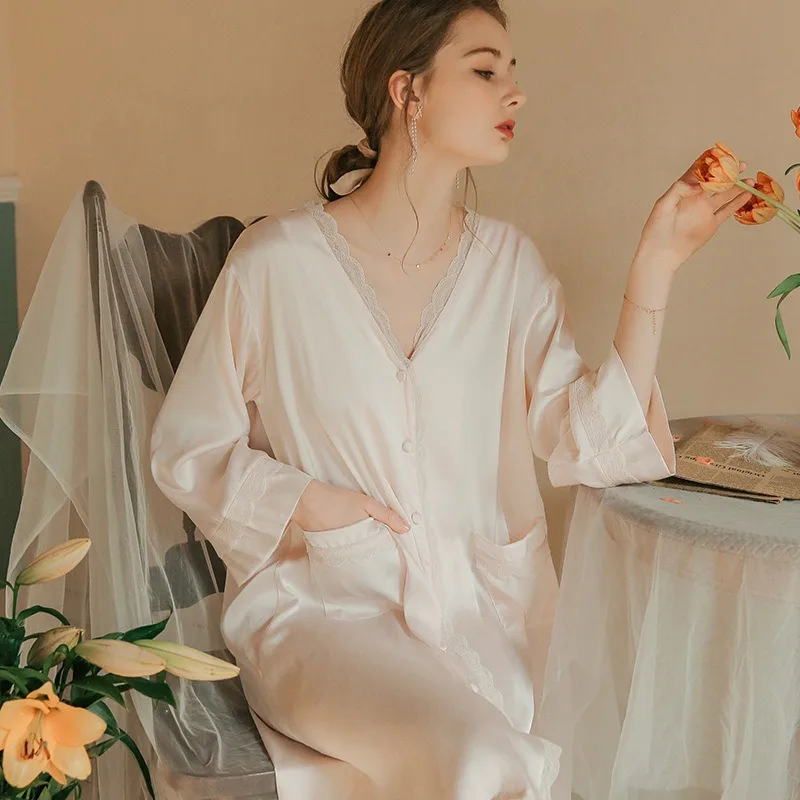 SXTHAENOO Sweet Spring White Nightgowns Women Mesh Embroidery Night Dress Long Sleeve Nightshirt Female Loose Home Wear Clothes