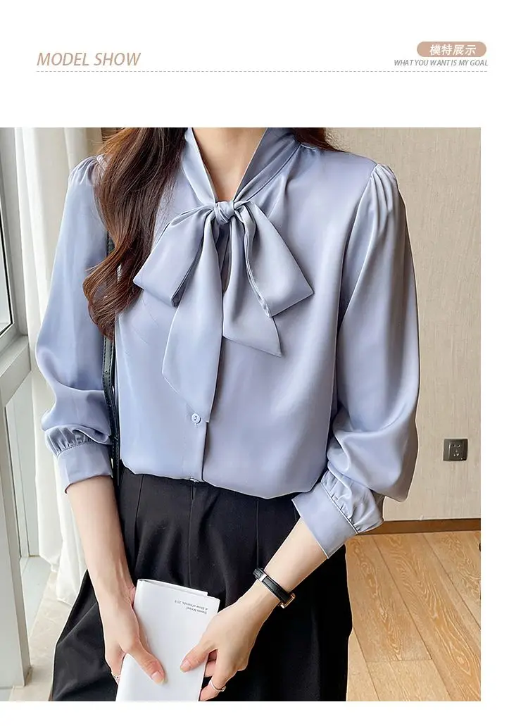Korean Lacing Loose Solid Blouse Spring Autumn New Chiffon Long Sleeve All-match Elegant Shirt Tops Fashion Office Women Clothes