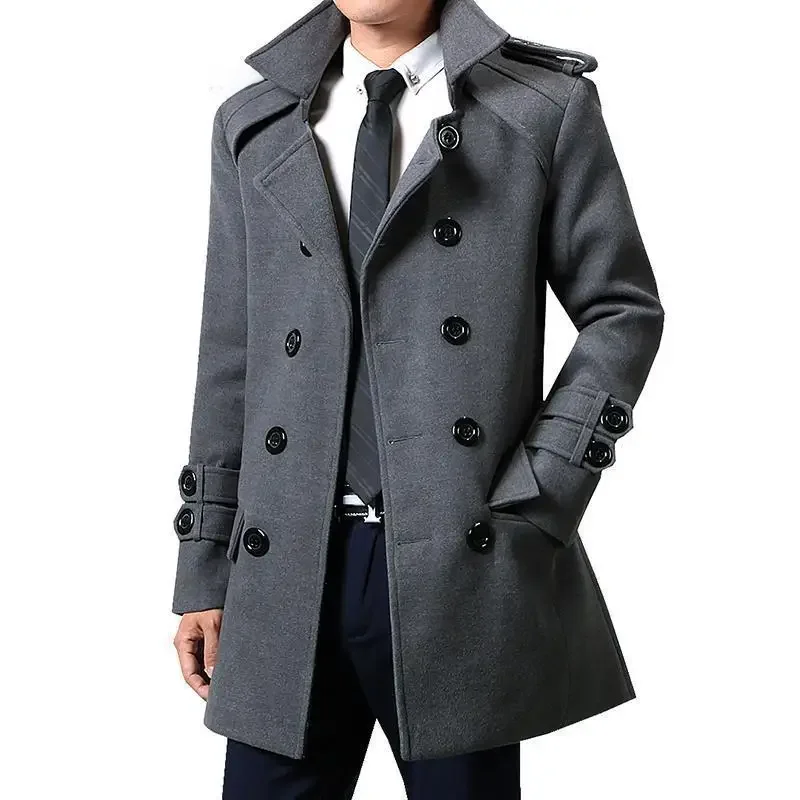 Winter Woolen Double-breasted Trench Coat For Men Medium-length Slimming Overcoat British Style 1