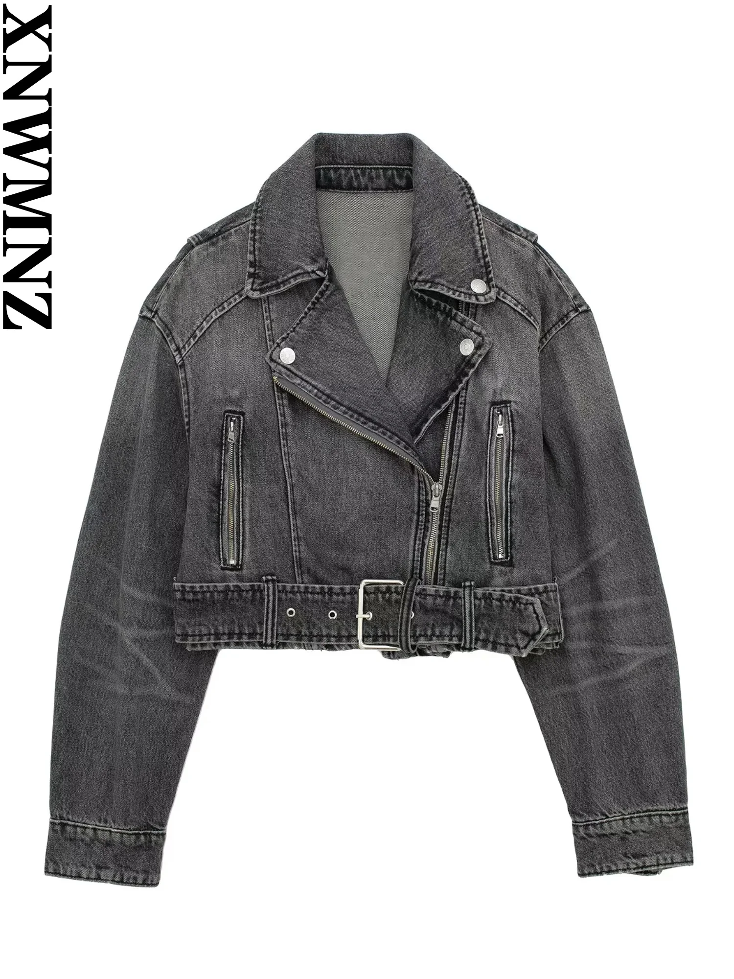 

XNWMNZ Women's Fashion 2023 Denim Biker Jacket Women High Street Lapel Long Sleeve Crossover Zipper Belt Female Chic Coat