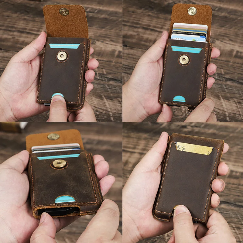 CONTACT'S 남성용 신용 카드 홀더 지갑, RFID  가죽 걸쇠 카드 케이스, 캐주얼 디자이너 미니 카드, 알루미늄 박스 지갑