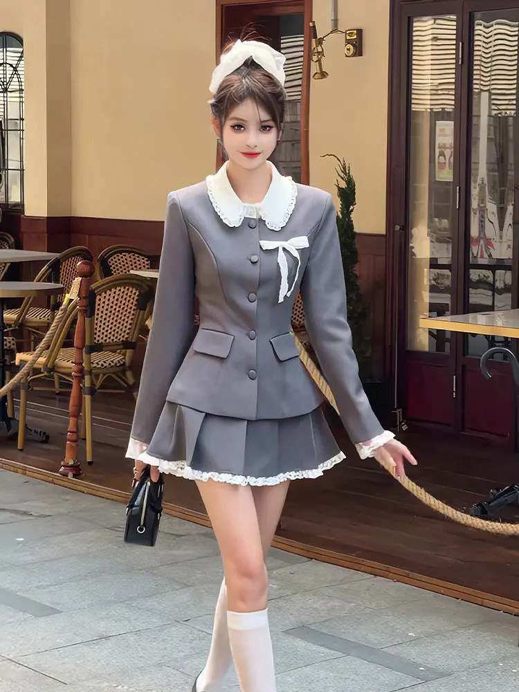 Elegant Two-piece Skirt Set Women Long Sleeve Single Breasted Blazer Coat Lace Pleated Mini Skirt Autumn Korean Fashion Outfits