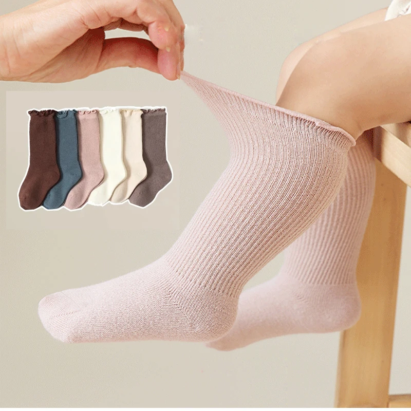 

3Pairs Baby Socks Solid Color Newborn Infant Toddler Cotton Ruffle Knee High Socks for 0-5Y Girls Boys Kids Casual Long Socks