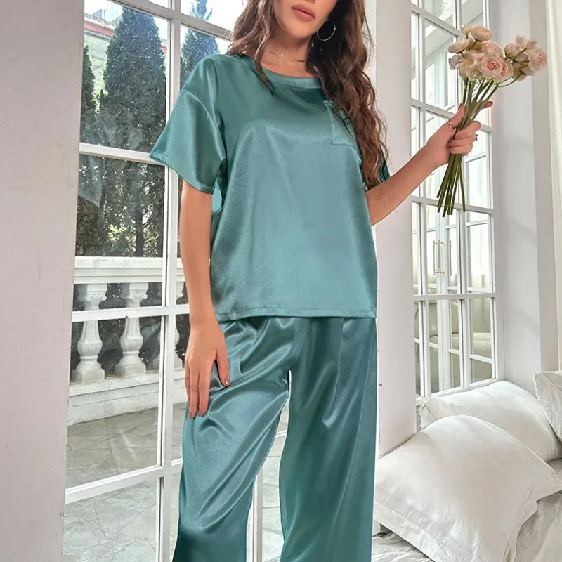 Pajama Sets Women's Satin Autumn Short Sleeve Top Long Pants Sleepwear 2 Piece Set Casual Home Loose