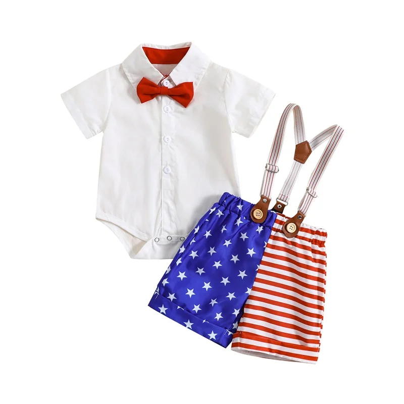 

4th of July Baby Boys Outfits Short Sleeve Bowtie Romper Suspender Shorts 2Pcs Set American Flag Summer Clothes