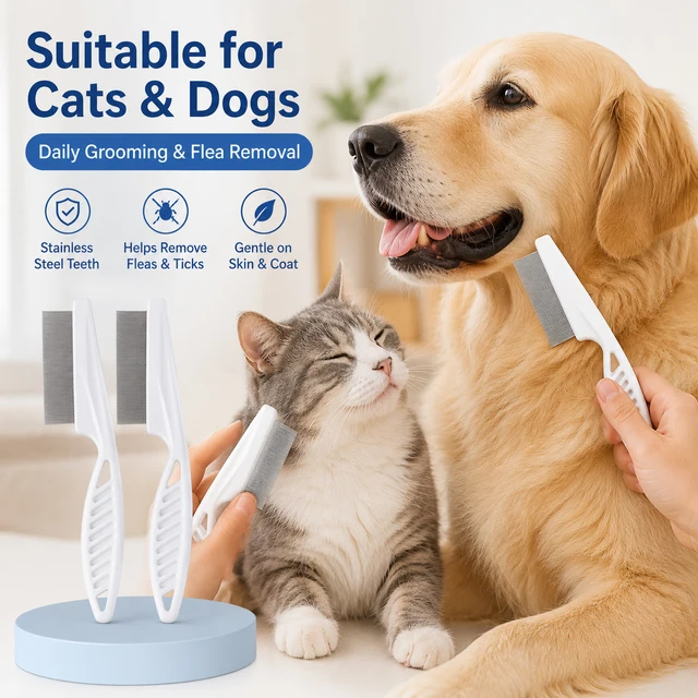 Pet Flea Comb Stainless Steel Dense Teeth Design Dog Cat Hair Remover Brush Portable Dematting Grooming Cleaning Supplies 1